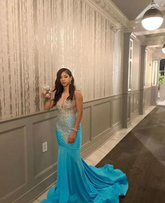 Sky Blue Long Mermaid Prom Birthday Dresses for Black Girl Sparkly Diamond Crystal Sheer Mesh Evening Gown robe de bal rose