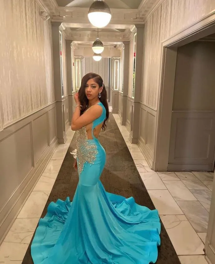 Sky Blue Long Mermaid Prom Birthday Dresses for Black Girl Sparkly Diamond Crystal Sheer Mesh Evening Gown robe de bal rose