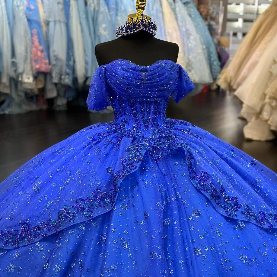 Royal Blue Sparkly Princess Quinceanera Dresses 2024 Off Shoulder Gillter Applique Corset vestidos de 15 quinceañera 2024