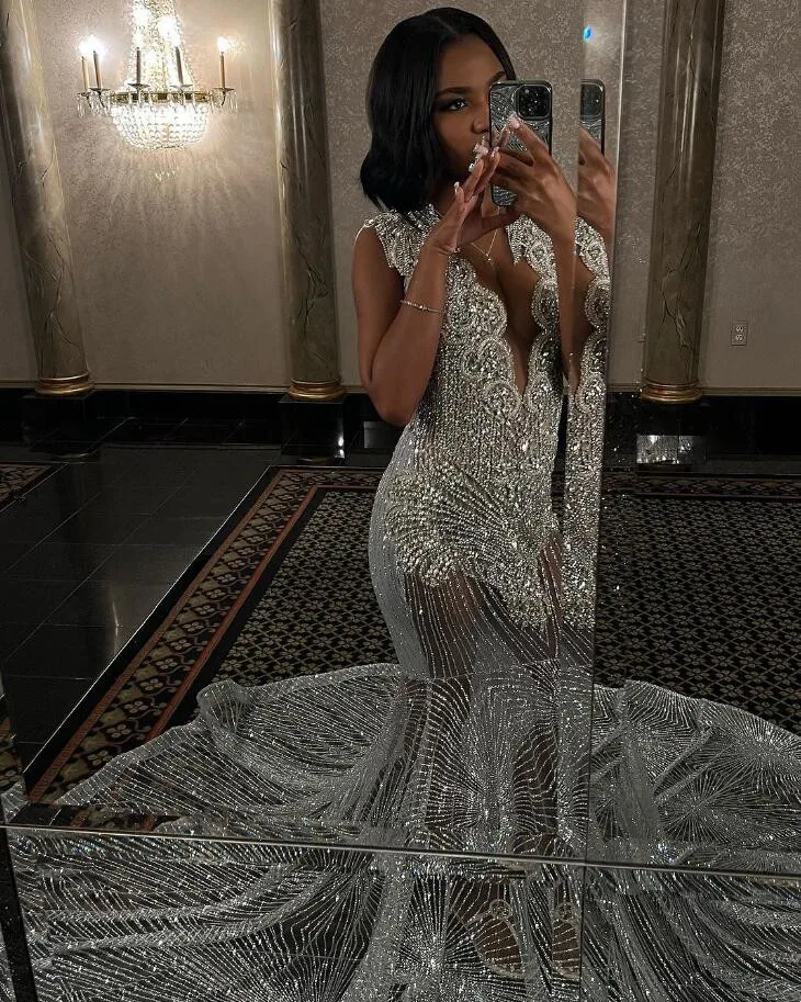 Silver Diamond Sparkly Prom Reception Dresses Luxury Crystal See Through Evening Birthday Gown robe de soiree femmes 2024