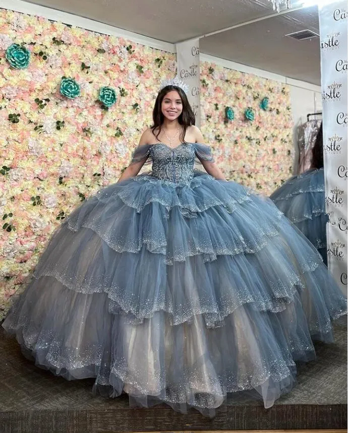 Grey Blue Sparkly Princess Quinceanera Dresses Off Shoulder Luxury Crystal Tiered Skirt vestido xv años Sweet 15 Prom