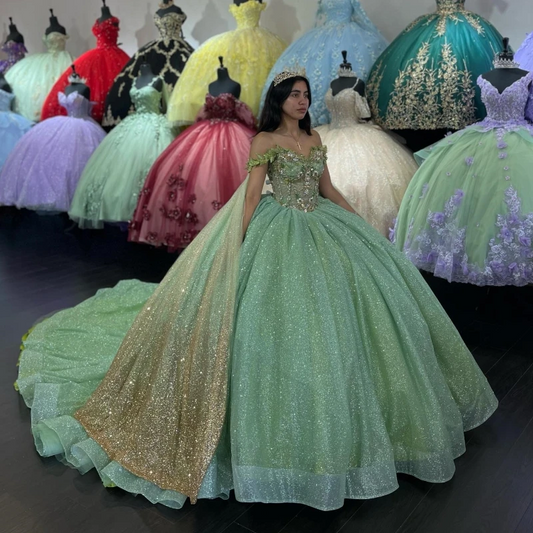 Princess Sage Green Puffy Quinceanera Dresses Applique Beads With Cape Corset Sweet 16 Dress Vestidos De 15 Anos 15th Birthday