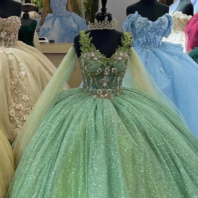 Princess Sage Green Puffy Quinceanera Dresses Applique Beads With Cape Corset Sweet 16 Dress Vestidos De 15 Anos 15th Birthday