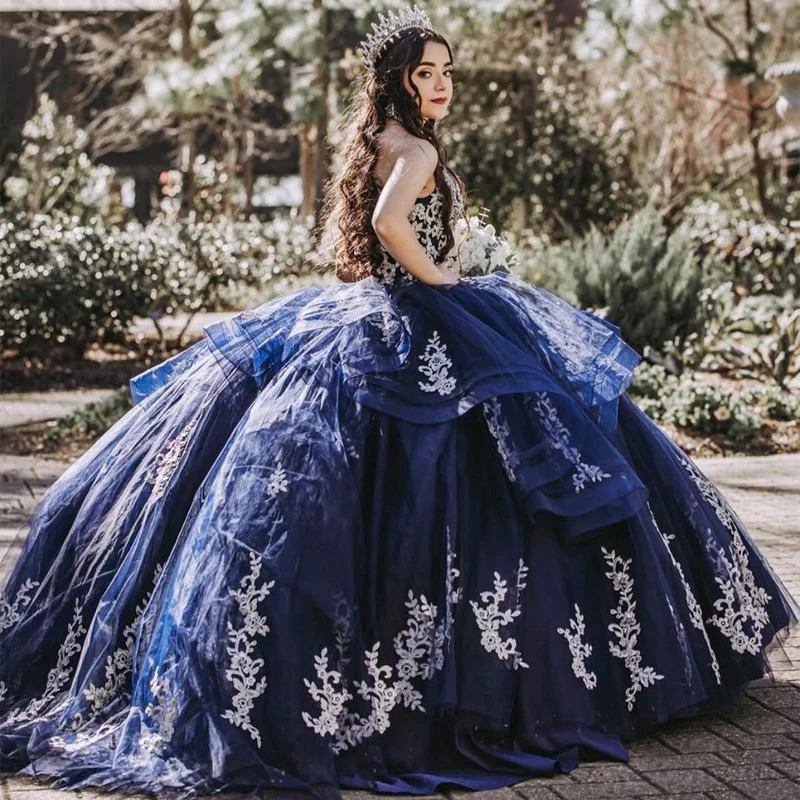 Navy Blue Ball Gown Quinceanera Dresses Formal Prom Graduation Gowns Lace Up Princess Sweet 15 16 Dress Off The Shoulder