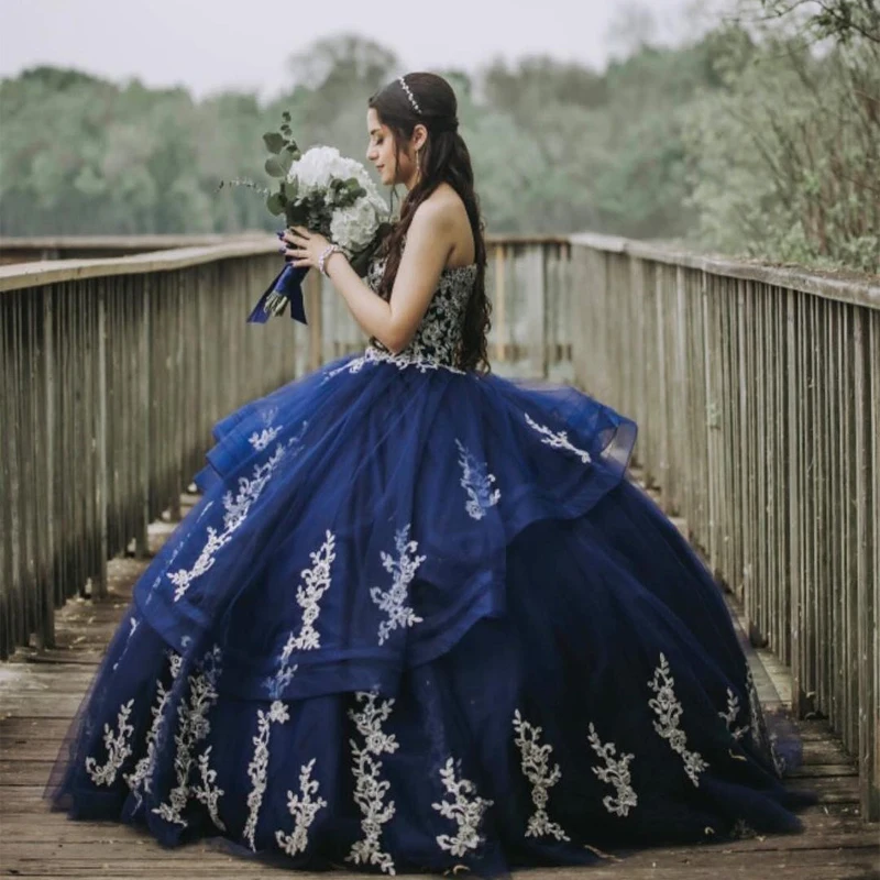 Navy Blue Ball Gown Quinceanera Dresses Formal Prom Graduation Gowns Lace Up Princess Sweet 15 16 Dress Off The Shoulder