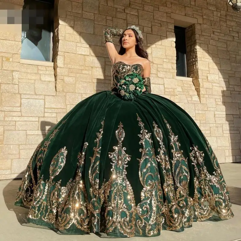 Mexican Girls Quince emerald Green Quinceanera Dresses Applique lace-up corset Sweet 16 Pageant Gowns Velvet Vestidos de XV años