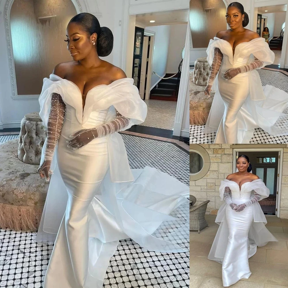 Mermaid Lace Applique Wedding Dresses african Sexy off shoulder Bridal Gowns with gloves Plus Size robe de mariee