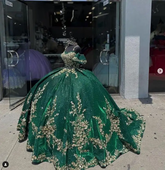 Emerald Hunter Green Ball Gown Quinceanera Dresses Gillter Floral Applique Princess Corset Prom Vestidos de fiesta 15 años