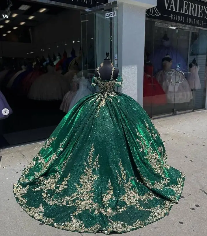 Emerald Hunter Green Ball Gown Quinceanera Dresses Gillter Floral Applique Princess Corset Prom Vestidos de fiesta 15 años