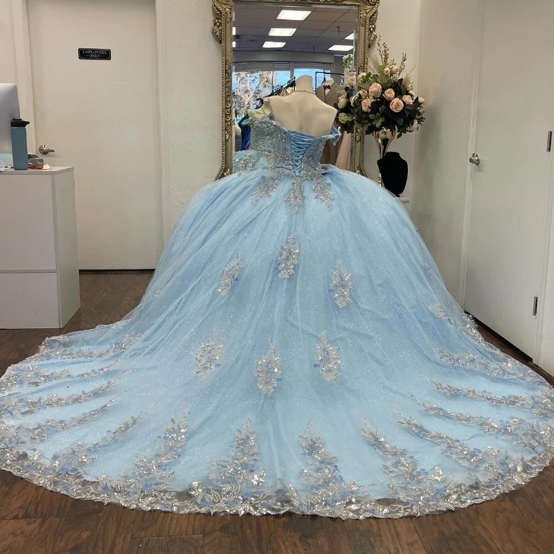 Sky Blue Shiny Quinceanera Dress Princess Off the Shoulder Prom Gown Tulle Appliques Lace Beads Sweet16 Dress Vestidos De 15Anos