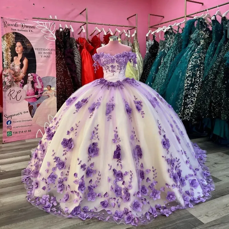 Lavender Quinceanera Dresses Princess Sweet 16 Years Girl Birthday Party 3D Flowers Appliques Pearls Vestidos De Quinceañera