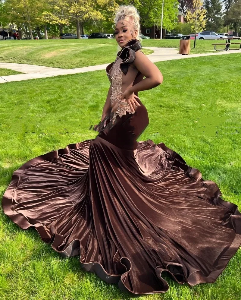 Chocolate Prom Dresses For Women 2024 Diamond Velvet Mermaid Party Gowns Sheer Neck Vestidos De Fiesta