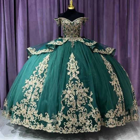 Emerald Green Shiny Quinceanera Dresses For Sweet 16 Princess Gown Gold Applique Lace Beads Birthday Party Prom Dresses Vestido