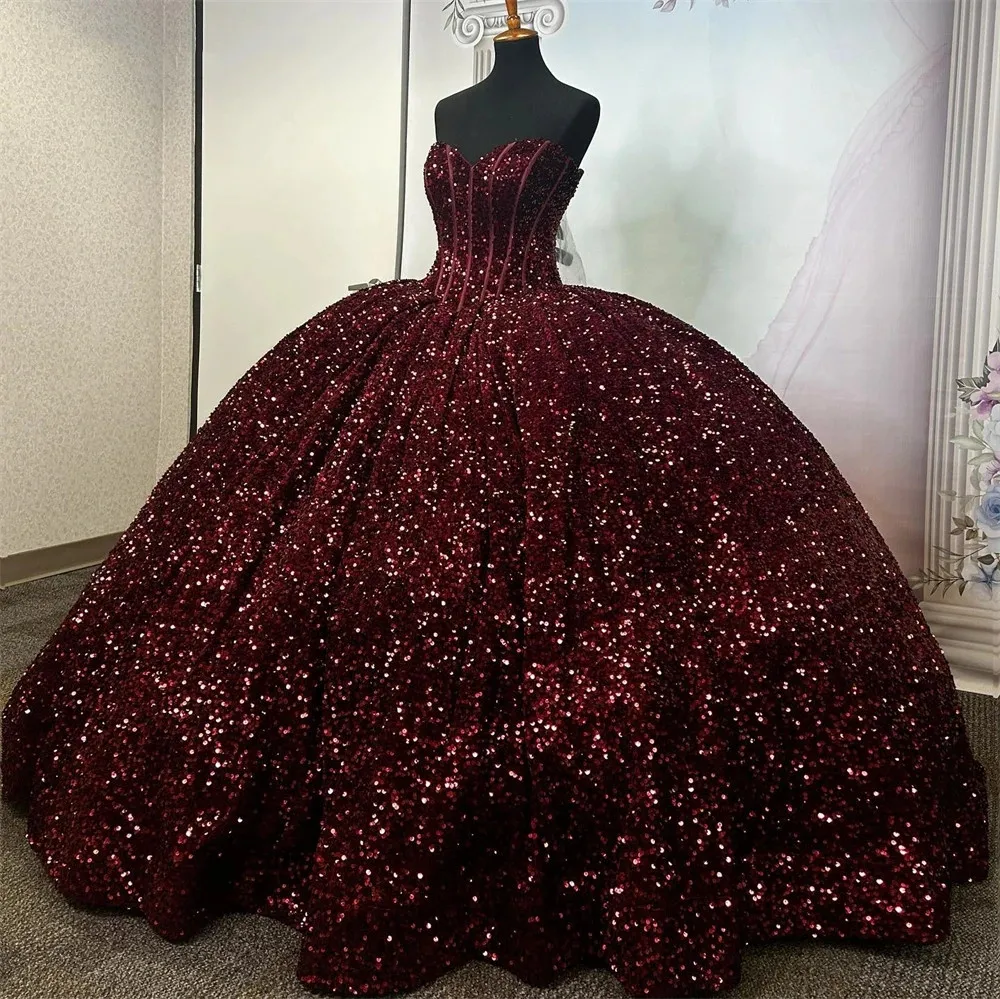 Burgundy Sequin Corset Quinceanera Dresses Ball Gown Sweetheart Princess Plus Size Prom Party Gowns For Sweet 16 Dresses