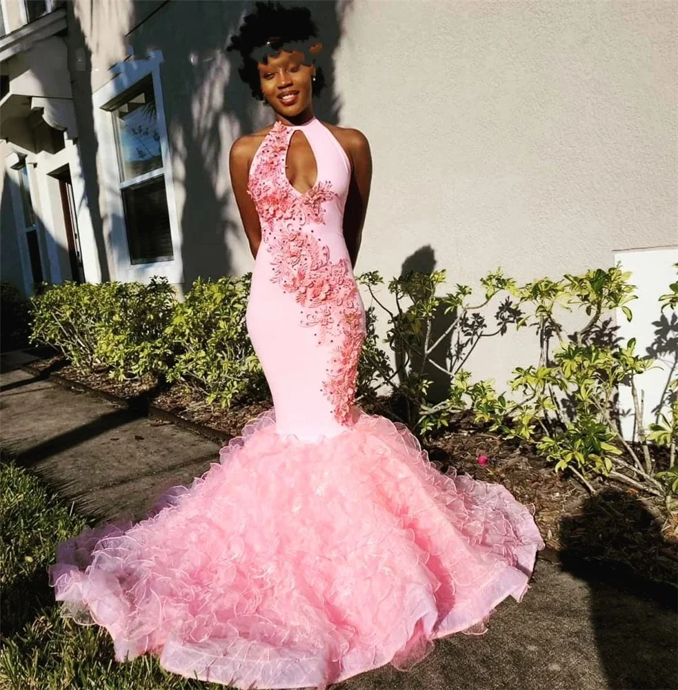 Pink High Neck Long Prom Dress For Black Girls Birthday Party Dresses Beaded Ruffles Evening Gowns Appliques Gown Robe De Bal