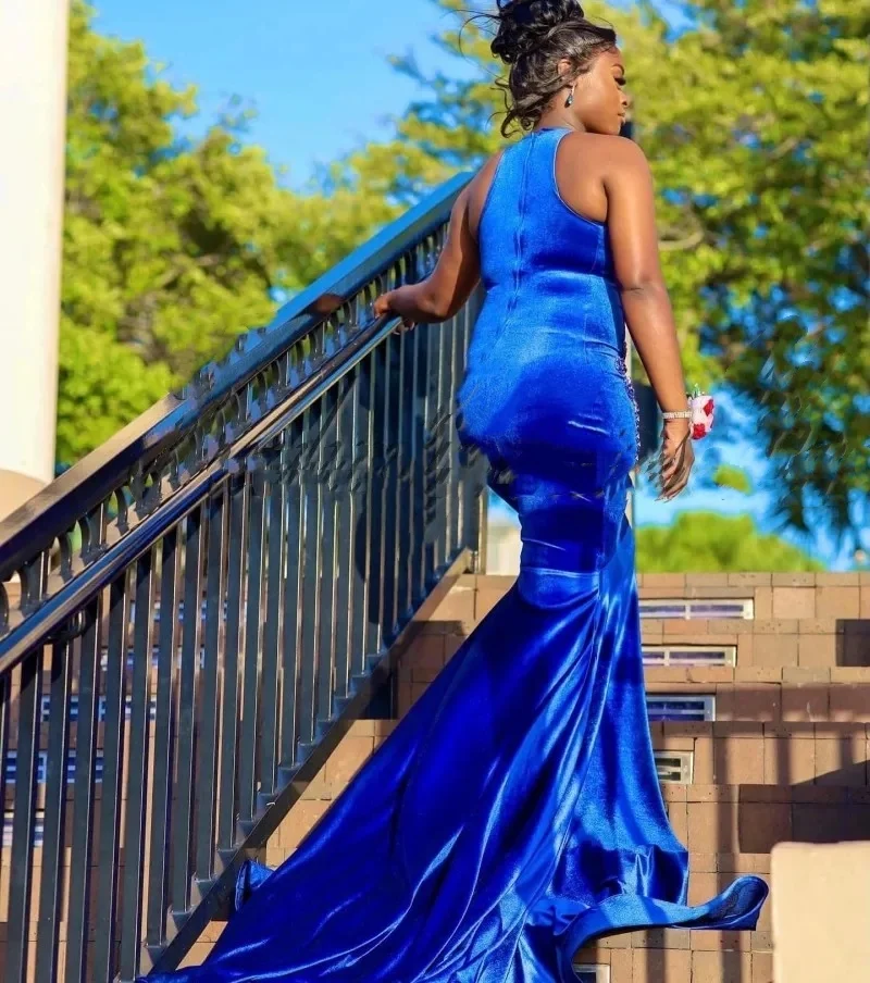 Sexy Royal Blue Velvet Vestidos De Gala Mermaid Prom Dresses For Black Girls 2024 Crystal Robe De Soiree Evening Birthday Party