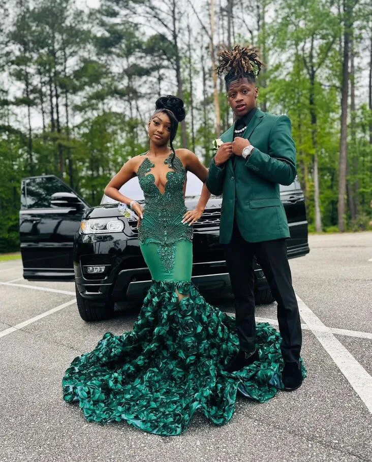 Hunter Green Rose Long Prom Dresses For Black Girls 2024 Luxury Crystal Beaded African Birthday Queen Gown vestidos de noche