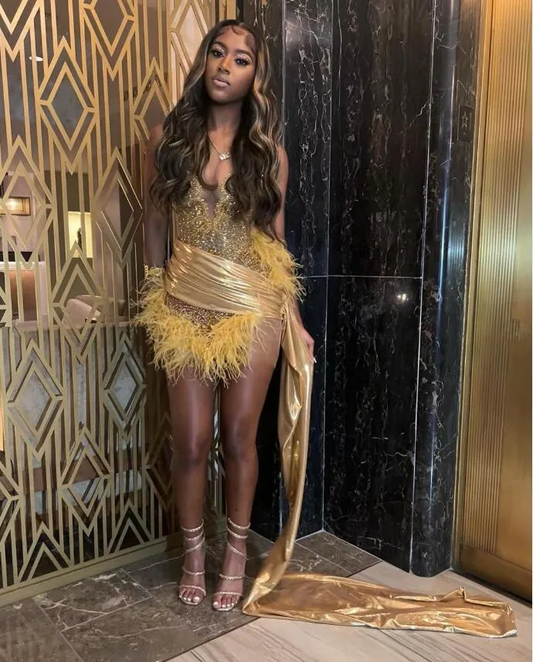 Luxury Glitter Gold Homecoming Party Dress 2024 Train Black Girl Birthday Party Celebrity Dress Vestidos Para Mujer