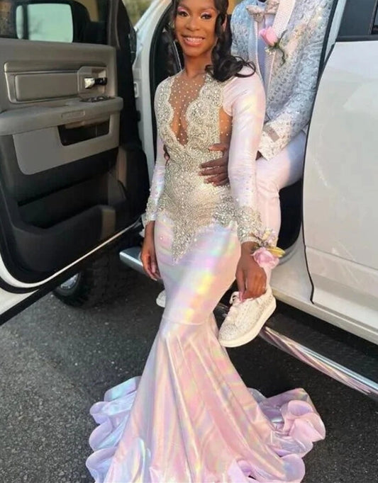 Colorful Mermaid Sliver Crystal Beading Prom Dresses 2024 Long Sleeve Luxury Designer Party Black Girls African Bespoke Gown