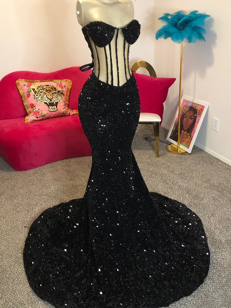 Long Mermaid Sheer Bodice Black Prom Dresses for Black Girls vestidos para eventos especiales Graduation Homecoming Dress