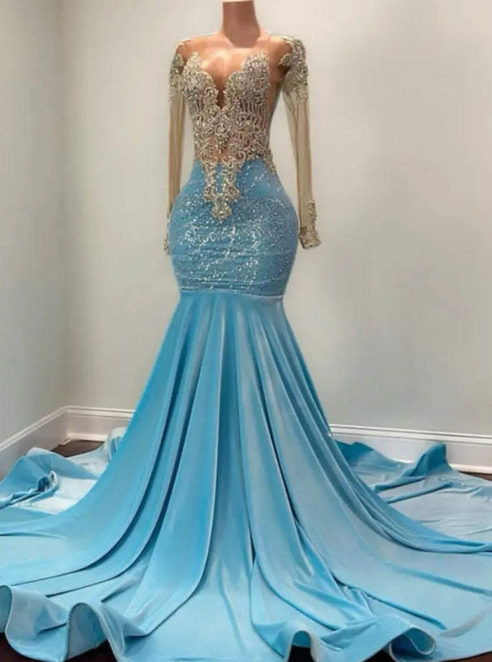 Light Blue Velvet Long Prom Dresses 2024 Luxury Black Girls Diamonds Bead Rhinestones Long Sleeves Evening Party Birthday Gowns