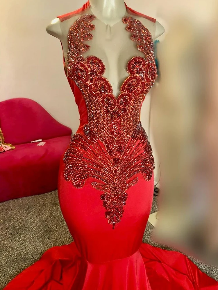 Long Red Mermaid Prom Dresses for Black Girls Halter Vestidos De Gala Mujer Party Formal Occasion Dresses