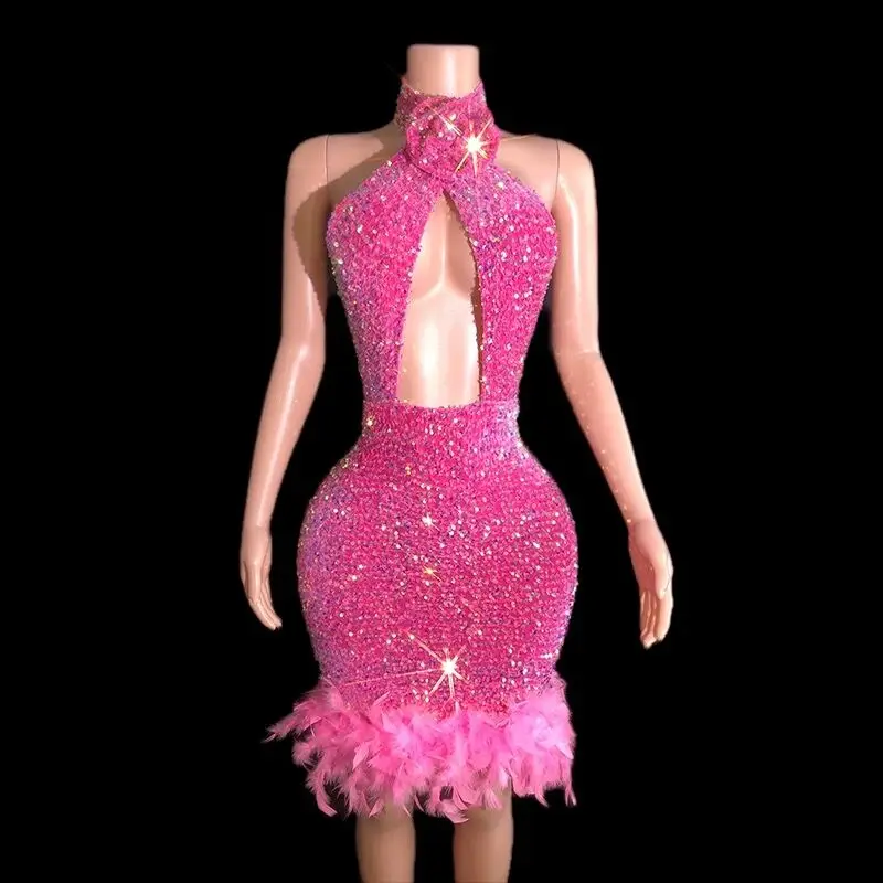 Shinning Sequins Feathers Pink Sexy Backless Halter Sheath Dress Evening Party Performance Costume Nightclub Singer Dancer Stage