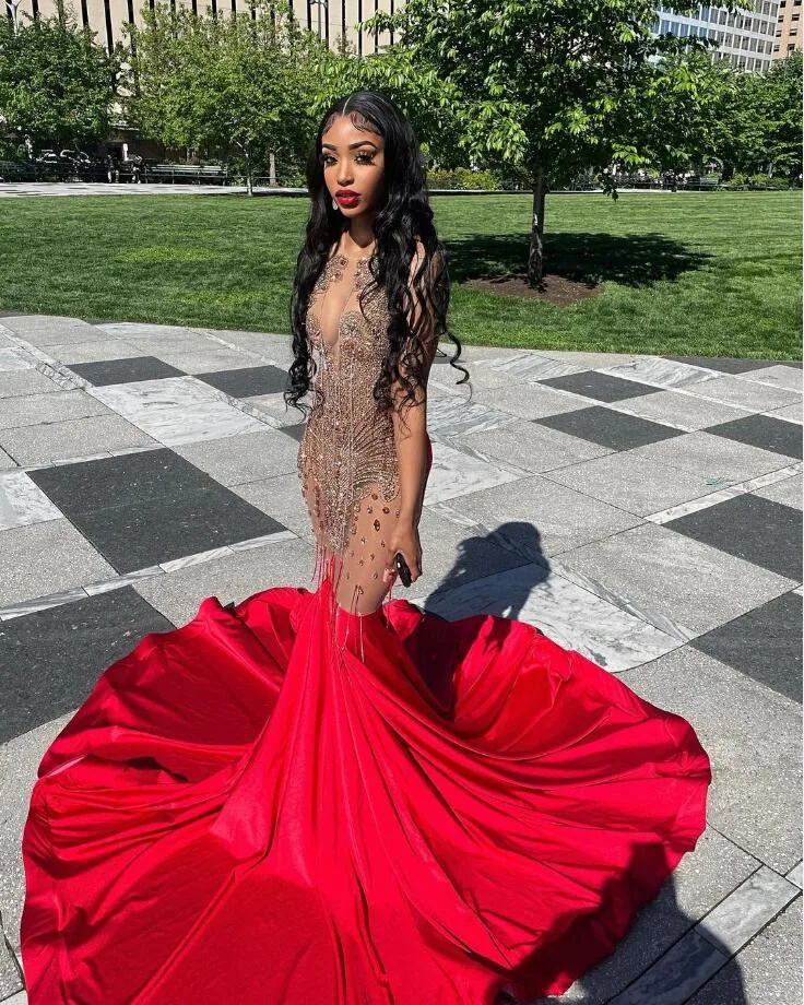 Red Gold Mermaid Prom Dress 2024 Glitter diamond Crystal Beads Feathers Wedding Party Evening Gown Robe De Bal Custom