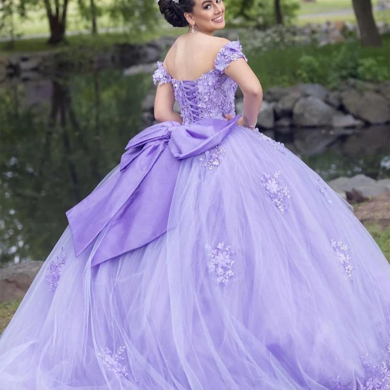 Lilac Ball Gowns Quinceanera Dresses 3D Appliqued Sweet 16 Dress Lace-Up Birthday Party Vestido De 15 Años With Bow