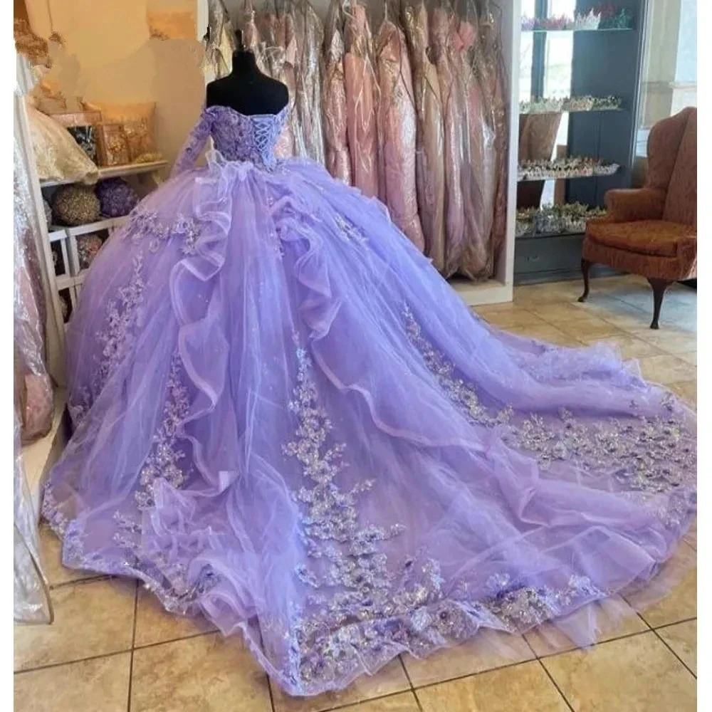 Glittering Lavender Quinceanera Dresses 3D Flower Birthday Party Prom Princess Ball Gown Vestidos De 15 Anos Corset