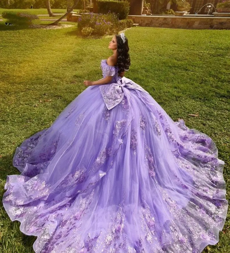 Lavender Lilac Quinceanera Dress With Bow Lace Applique Sequins Beading Mexican Sweet 16 Vestidos De XV 15 Anos