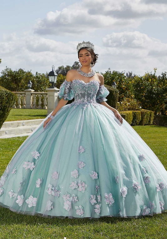 Mint Quinceanera Dress 2024 Ball Gown Flowers Puff Sleeve Corset Beading Appliques Princess Vestidos De 15 Años