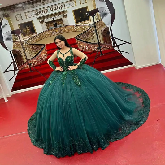 Emerald Green Quinceanera Dress For Girl Ball Gown Shiny Sequin Lace Appliques Party Dresses Vestidos De 15 Años