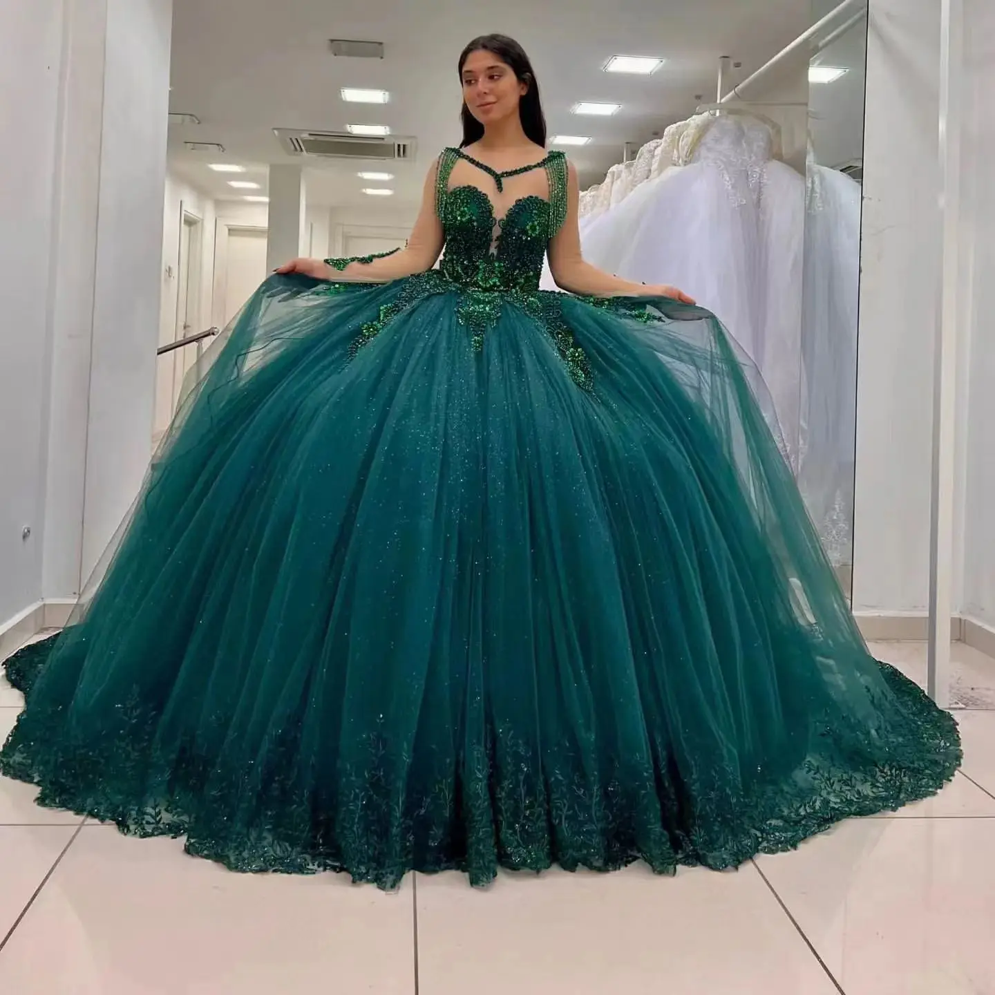 Emerald Green Quinceanera Dress For Girl Ball Gown Shiny Sequin Lace Appliques Party Dresses Vestidos De 15 Años