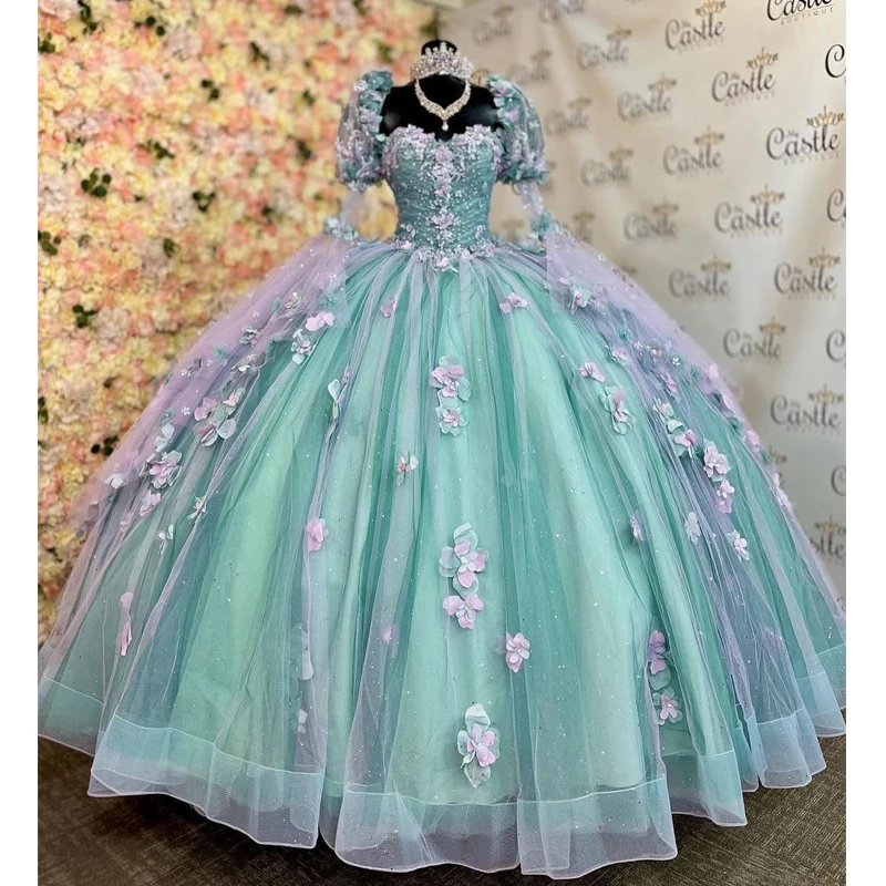 Mint Blue Quinceanera Dresses 2024 Half Sleeve Ball Gown Appliques Beading Sweet 16 15 Dress Vestidos De Fiesta