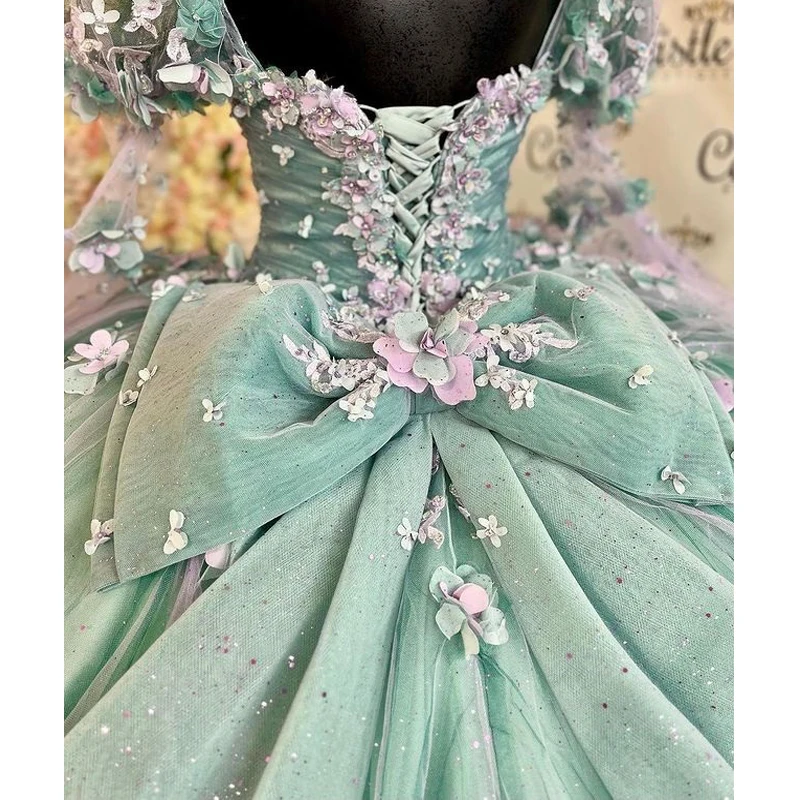 Mint Blue Quinceanera Dresses 2024 Half Sleeve Ball Gown Appliques Beading Sweet 16 15 Dress Vestidos De Fiesta