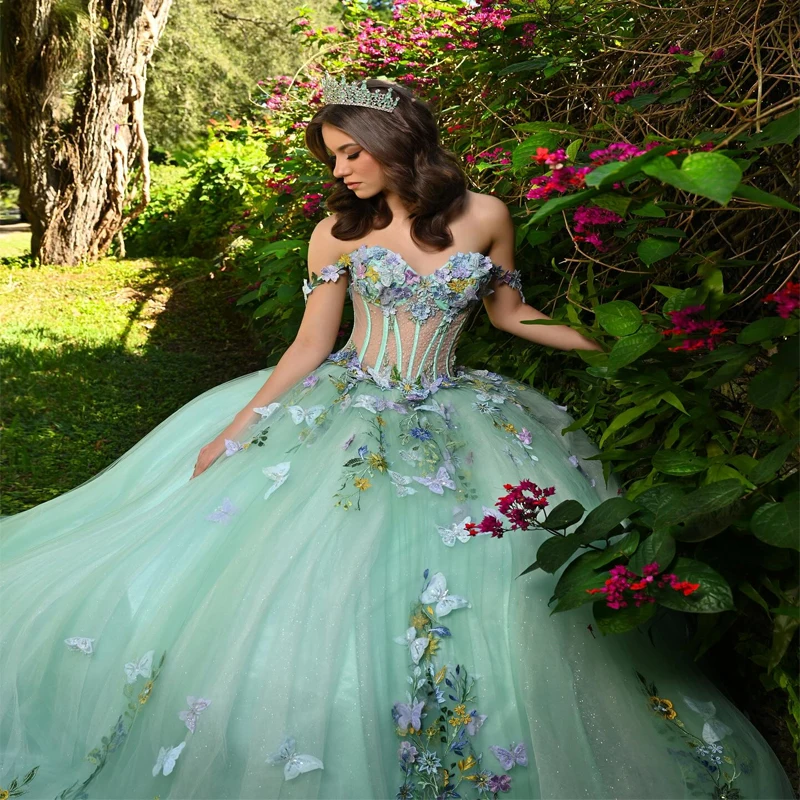 Light Green Quinceanera Dress Ball Gown 3D Butterfly Applique Beading Tull Corset Sweet 16 Vestido De 15 Anos