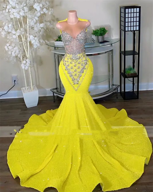 Sparkly Yellow Sequin Long Prom Dresses Black Girls 2024 Luxury Bead Diamond Mermaid Sheer Neck Formal Evening Party Gala Gowns