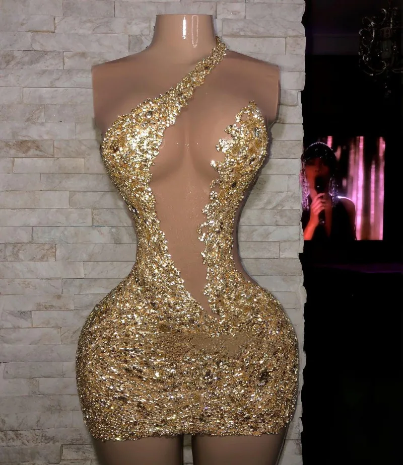 Gold Lace Applique Prom Dresses One Shoulder Beads Women Short Night Party Dress Sequin Cocktai Wear robe de soiree femme