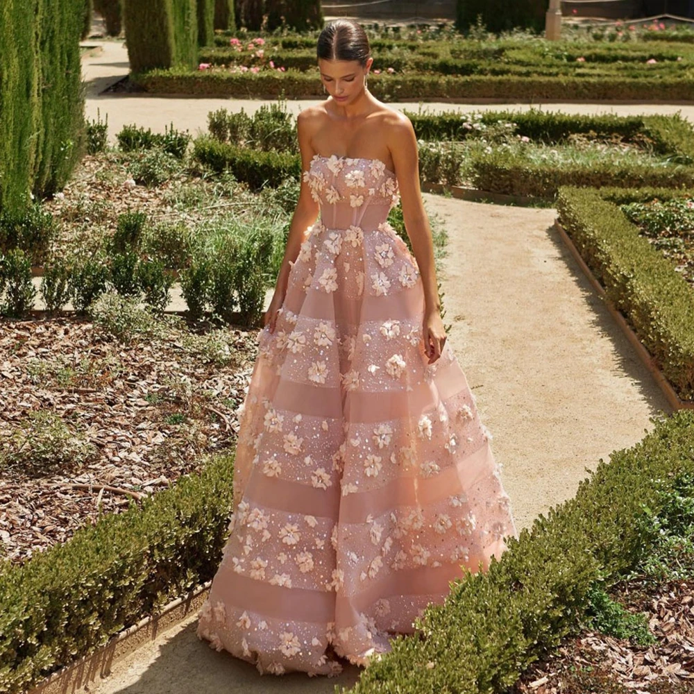 Strapless Light Pink Sequins Flowers Prom Dress A-line Sparkly Evening Dresses Custom Made Floral Gown Ever Pretty Any Color