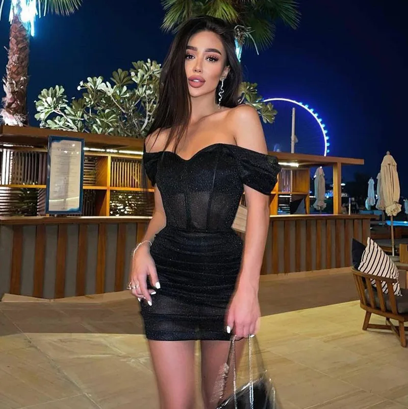 Off The Shoulder Glitter Corset Mini Dress Ruched Bodycon Mini Dress Sexy Party Elegant Fashion Y2K Women Clothing