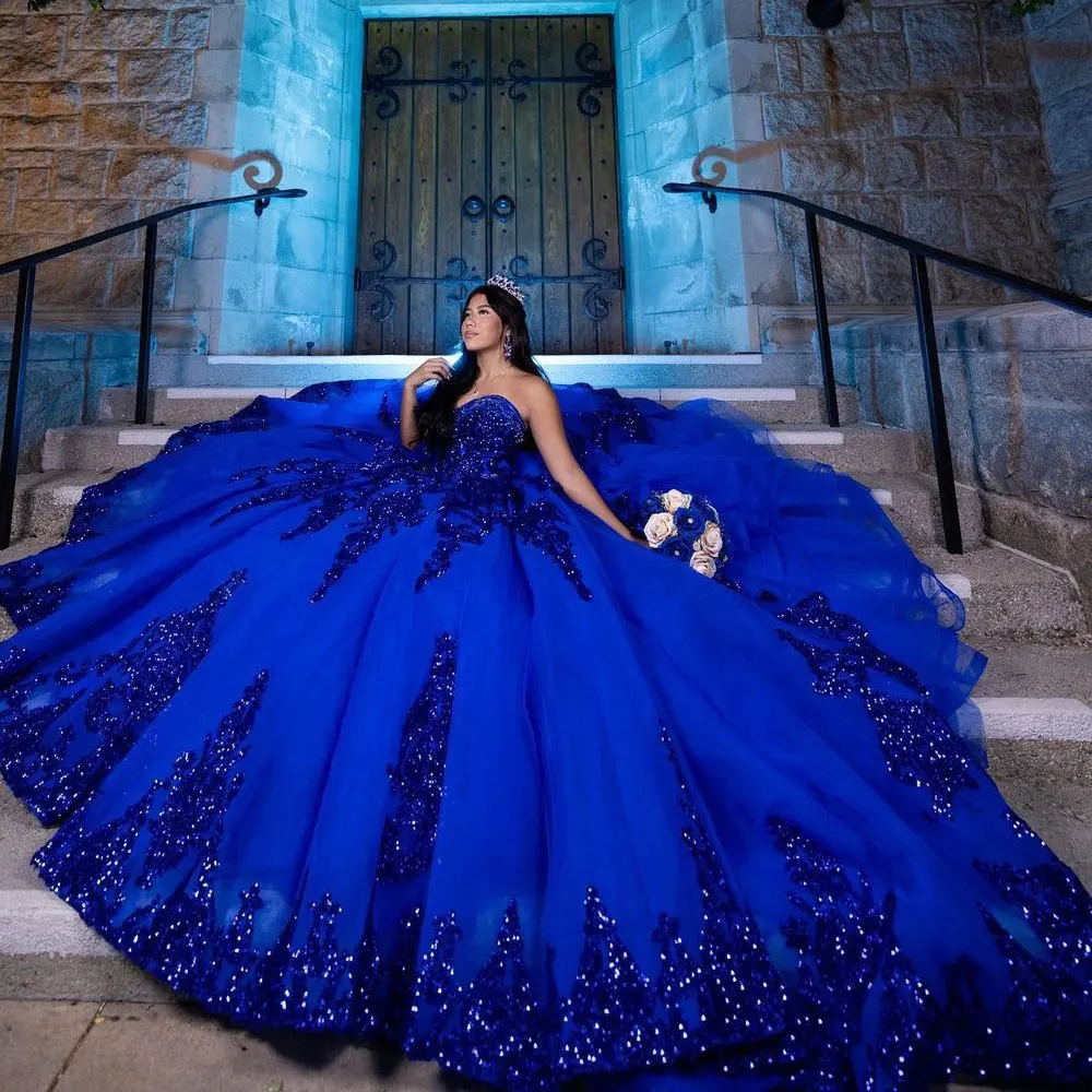 Blue Ball Gown Quinceanera Dress 2024 Long Train Ruffle Princess Tulle Vestidos De 15 Años Birthday Party Sweet 16 Dress