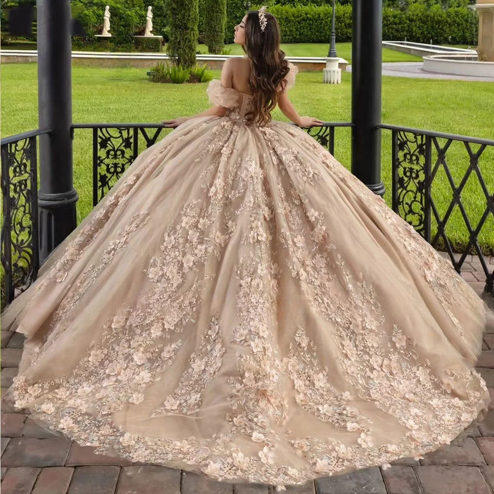 Champagne Detachable Sleeve Crystal Beading Ball Gown Quinceanera Dresses 3D Flowers Appliques Lace Corset Vestidos De 15 Años