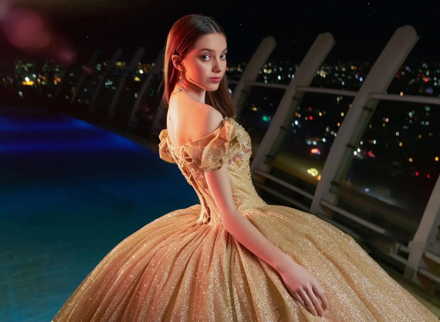 Gold Puffy Quinceanera Dresses Ball Gown Off The Shoulder Sequins Sparkle Pearls Mexican Sweet 16 Dresses 15 Anos