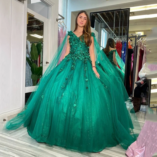 Green V-Neck Ball Gown Quinceanera Dresses 15 Years Sexy Off-Shoulder 3D Flower With Cape Tulle Formal Princess Birthday Gowns