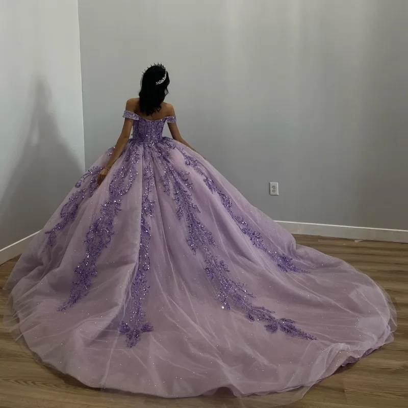 Lavender Shiny Quinceanera Dresses Ball Gown 2024 Sequins Off Shoulder Beaded Sweet 16 Dress Lace-up Vestidos De 15 Años