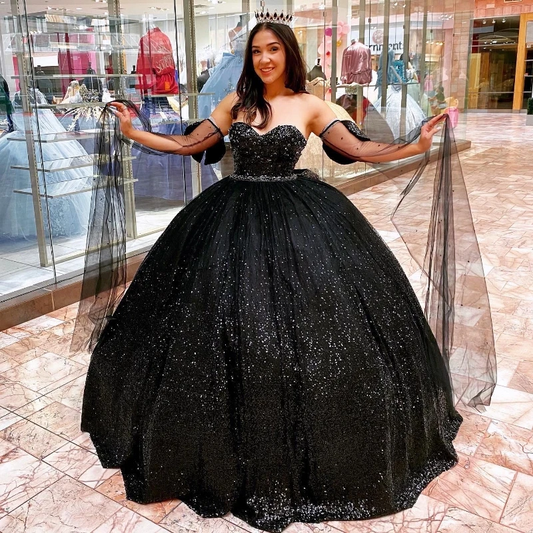 Black Shiny Quinceanera Dresses Birthday Off Shoulder Formal Ball Gown Beading Crystal Sequined Party Dresses