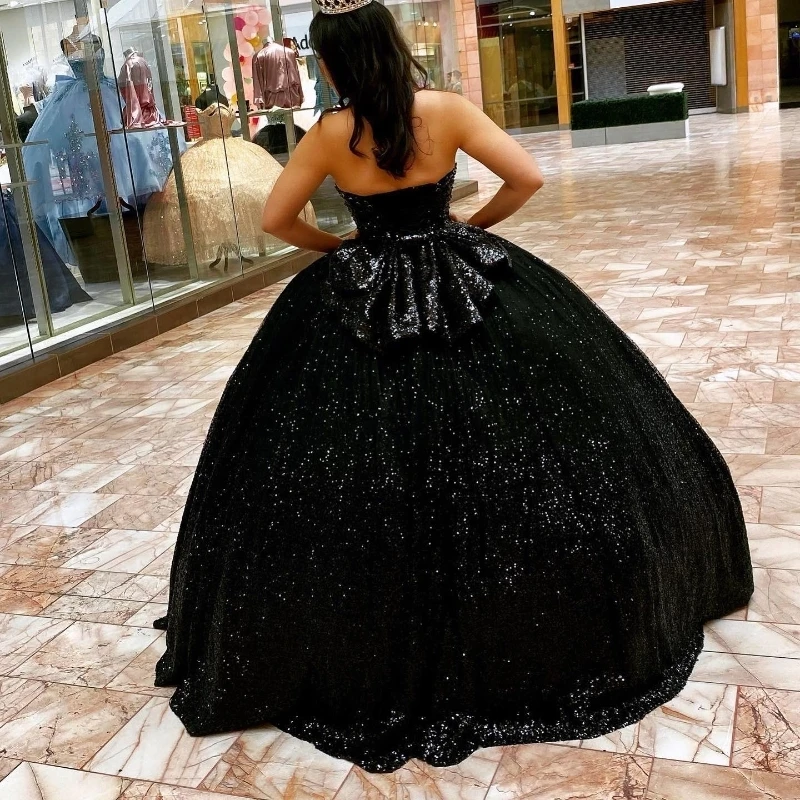 Black Shiny Quinceanera Dresses Birthday Off Shoulder Formal Ball Gown Beading Crystal Sequined Party Dresses