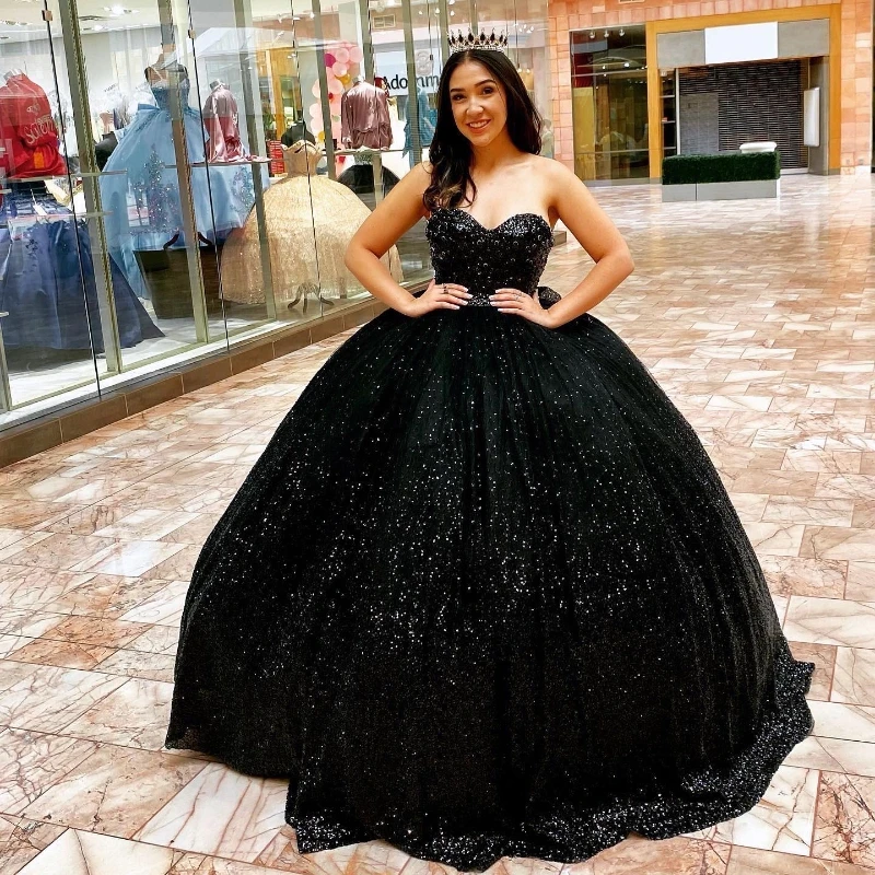 Black Shiny Quinceanera Dresses Birthday Off Shoulder Formal Ball Gown Beading Crystal Sequined Party Dresses