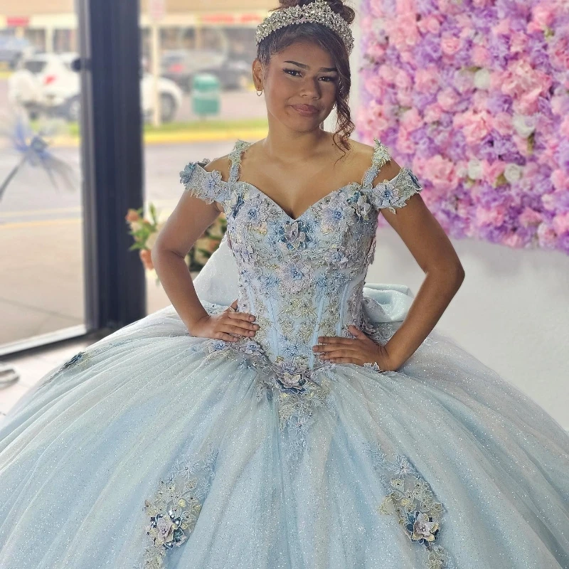 Sky Blue Quinceanera Dresses 2024 Sweet 15 16 Birthday Party Gown Vestidos Para XV Off Shoulder Princess Long Pageant Miss Pagea